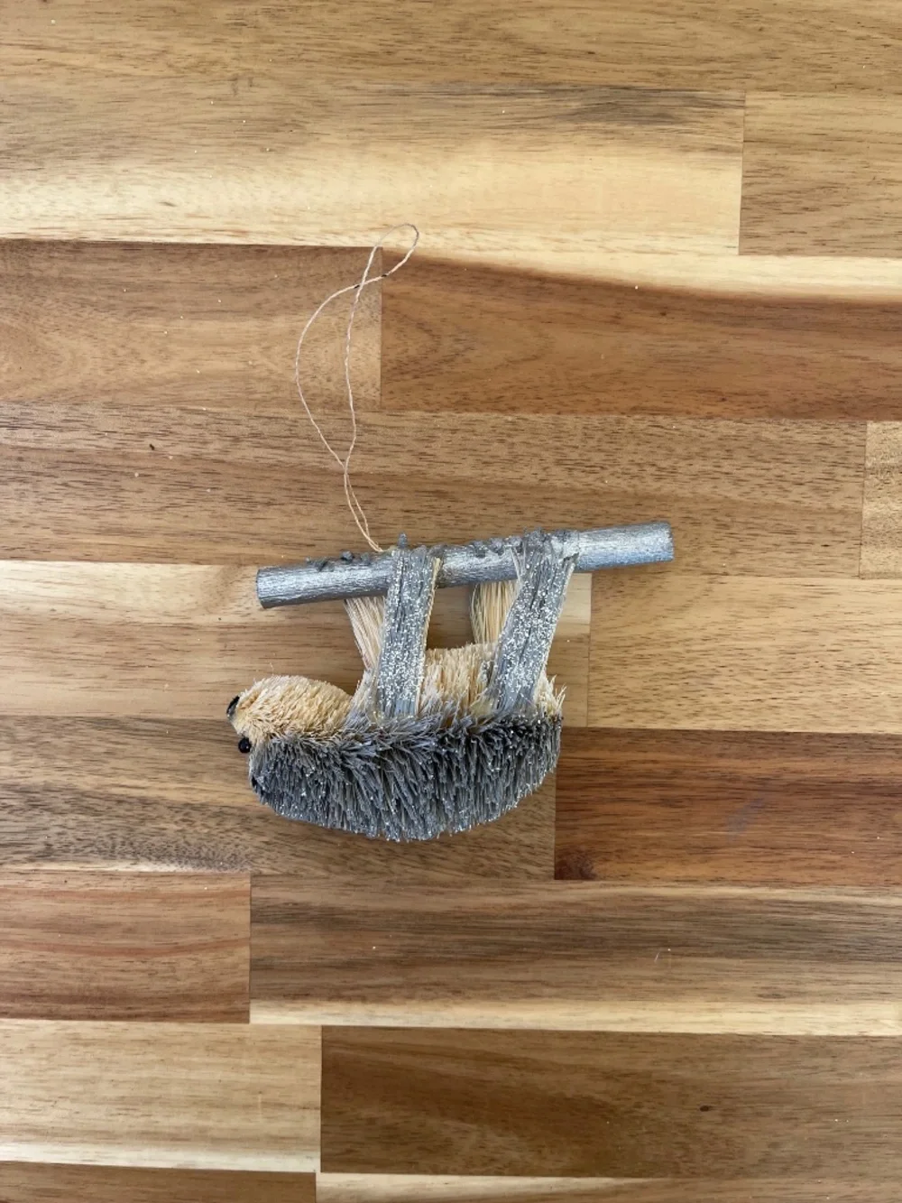 Crate & Barrel - Trio of silver bottlebrush ornaments - Sloth, Owl, and Squirrel